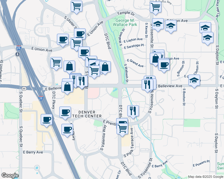 map of restaurants, bars, coffee shops, grocery stores, and more near 8310 East Belleview Avenue in Greenwood Village
