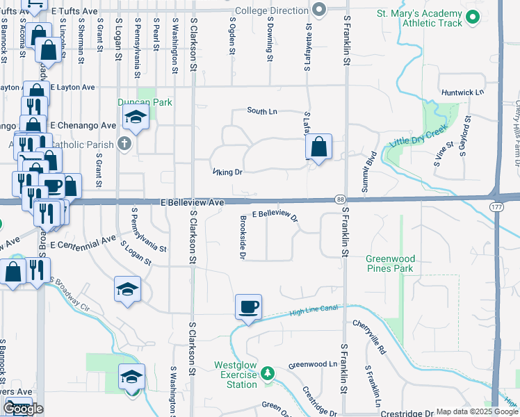 map of restaurants, bars, coffee shops, grocery stores, and more near 3 East Belleview Drive in Greenwood Village