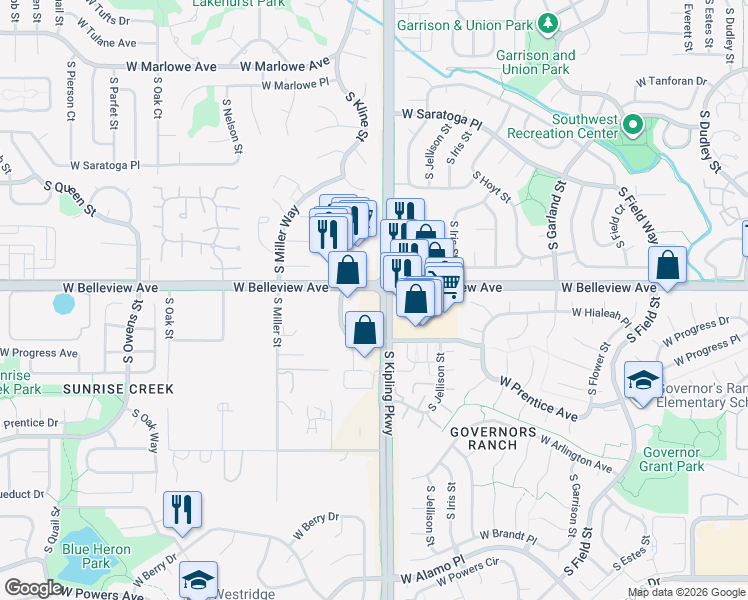 map of restaurants, bars, coffee shops, grocery stores, and more near 10000-10106 W Belleview Ave in Littleton