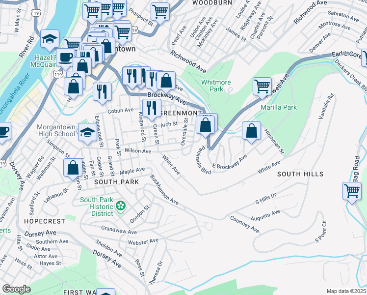 map of restaurants, bars, coffee shops, grocery stores, and more near 362 Overdale Street in Morgantown