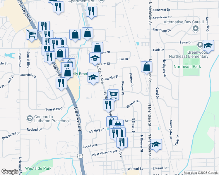 map of restaurants, bars, coffee shops, grocery stores, and more near 614 Park Madison Drive in Greenwood