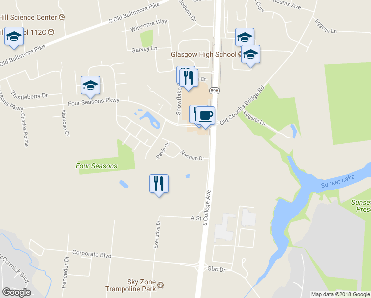 map of restaurants, bars, coffee shops, grocery stores, and more near 323 Norman Drive in Newark