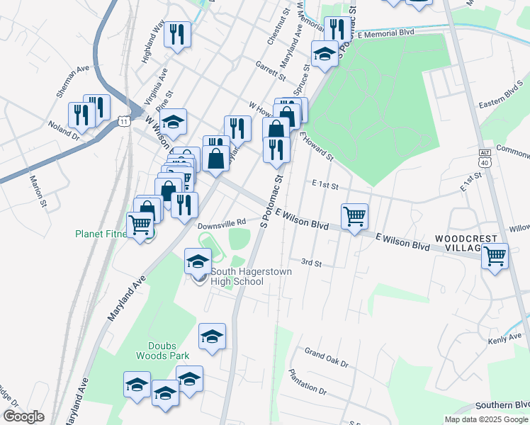 map of restaurants, bars, coffee shops, grocery stores, and more near 1 West Wilson Boulevard in Hagerstown