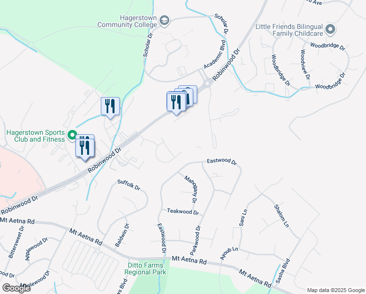 map of restaurants, bars, coffee shops, grocery stores, and more near 20333 Kellys Lane in Hagerstown