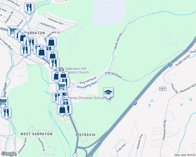 map of restaurants, bars, coffee shops, grocery stores, and more near 114 Dug Hill Road in Morgantown