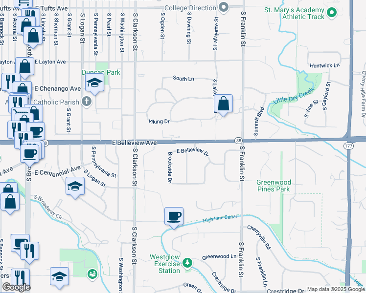 map of restaurants, bars, coffee shops, grocery stores, and more near 3 East Belleview Drive in Greenwood Village