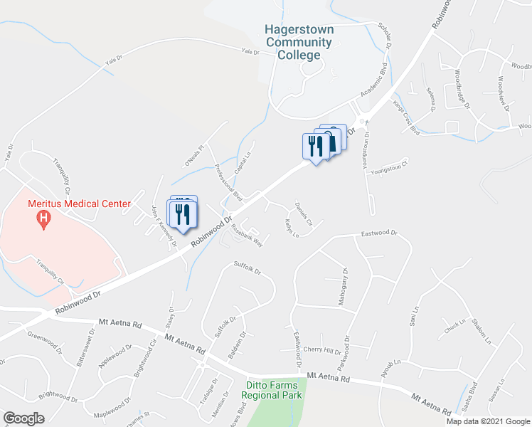map of restaurants, bars, coffee shops, grocery stores, and more near 11234 Cristins Circle in Hagerstown