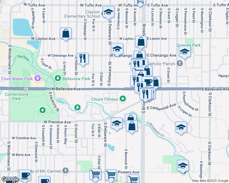 map of restaurants, bars, coffee shops, grocery stores, and more near 5100 South Delaware Street in Englewood