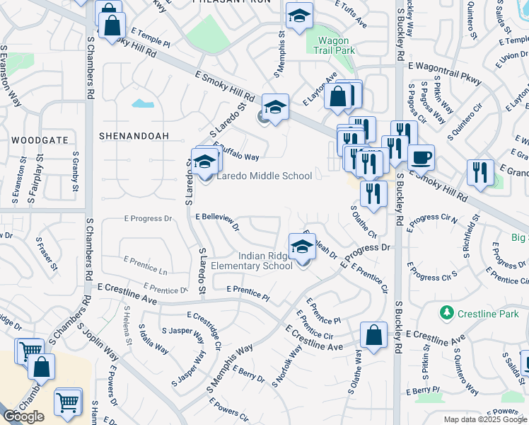 map of restaurants, bars, coffee shops, grocery stores, and more near 16289 East Belleview Place in Centennial