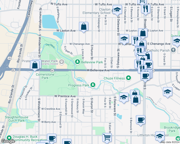 map of restaurants, bars, coffee shops, grocery stores, and more near 5090 South Huron Street in Englewood