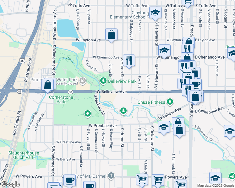 map of restaurants, bars, coffee shops, grocery stores, and more near 803 West Belleview Avenue in Englewood