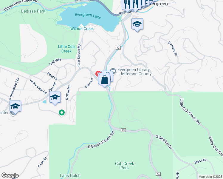map of restaurants, bars, coffee shops, grocery stores, and more near 5080 County Highway 73 in Evergreen