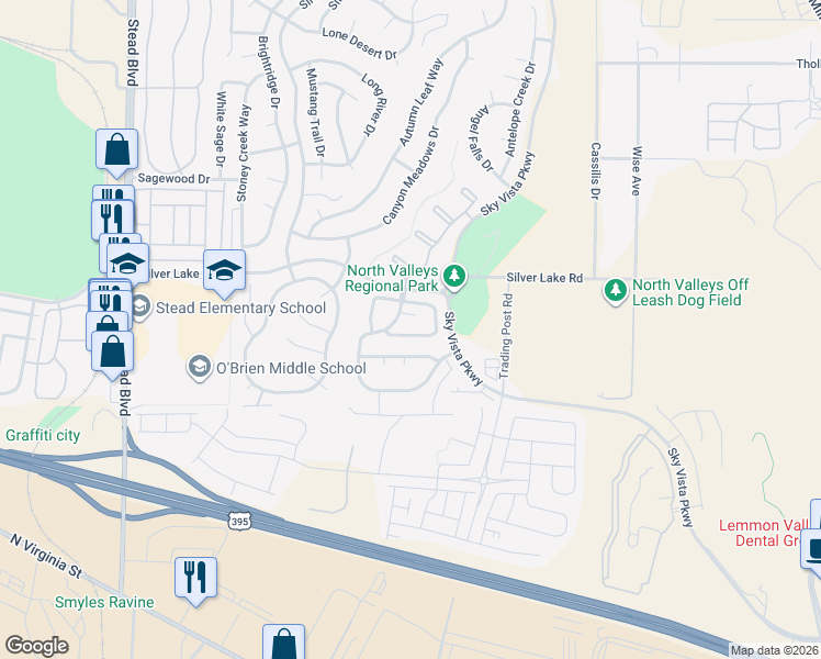 map of restaurants, bars, coffee shops, grocery stores, and more near 9160 Brown Eagle Court in Reno