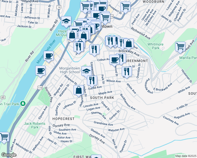 map of restaurants, bars, coffee shops, grocery stores, and more near 301 Park Street in Morgantown