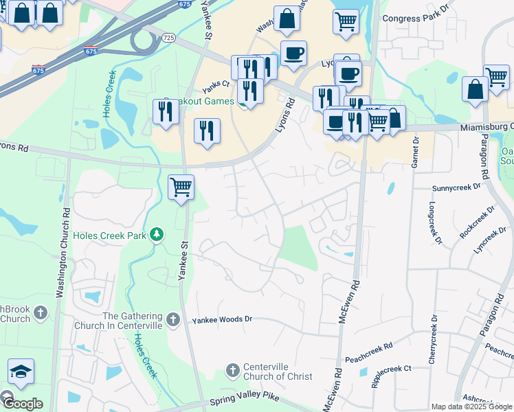 map of restaurants, bars, coffee shops, grocery stores, and more near 8490 Woodgrove Drive in Dayton