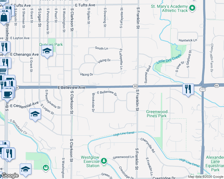 map of restaurants, bars, coffee shops, grocery stores, and more near 7 East Belleview Drive in Greenwood Village