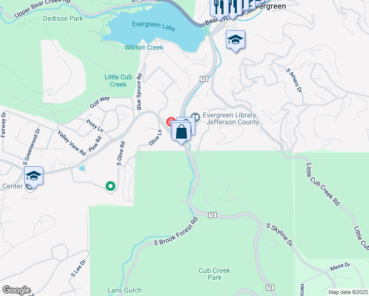 map of restaurants, bars, coffee shops, grocery stores, and more near 5080 County Highway 73 in Evergreen