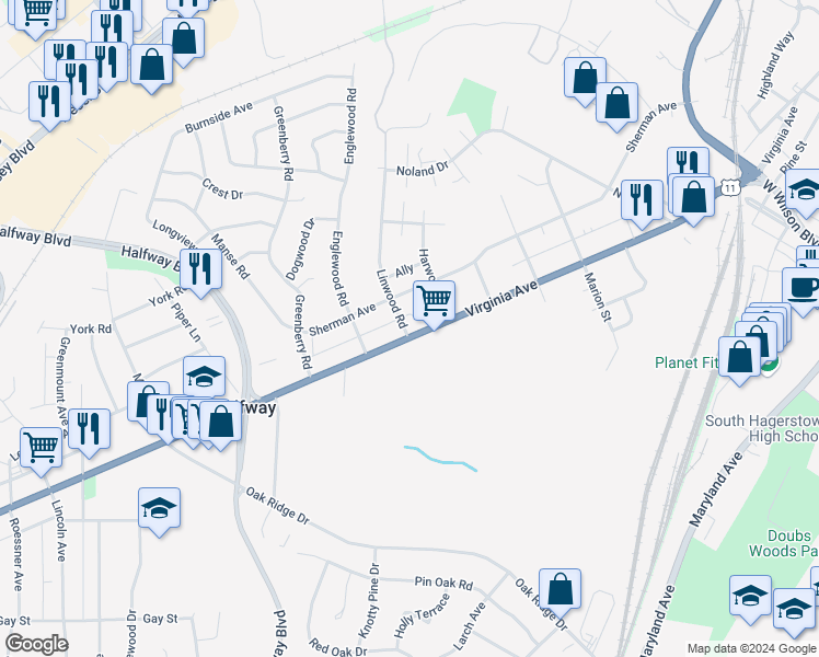 map of restaurants, bars, coffee shops, grocery stores, and more near 17822 Virginia Avenue in Hagerstown