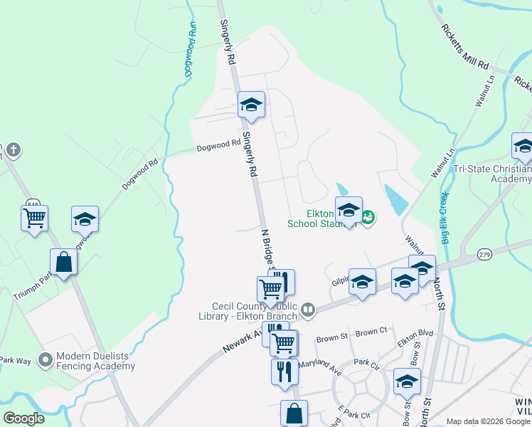 map of restaurants, bars, coffee shops, grocery stores, and more near 942 North Bridge Street in Elkton