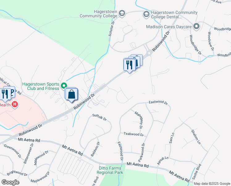 map of restaurants, bars, coffee shops, grocery stores, and more near 20111 Kellys Lane in Hagerstown