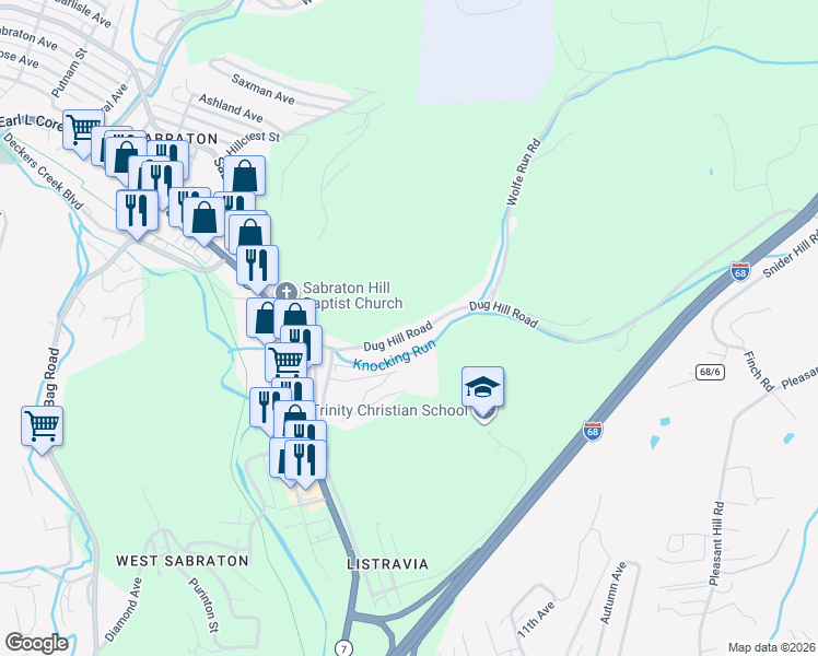 map of restaurants, bars, coffee shops, grocery stores, and more near 114 Dug Hill Road in Morgantown