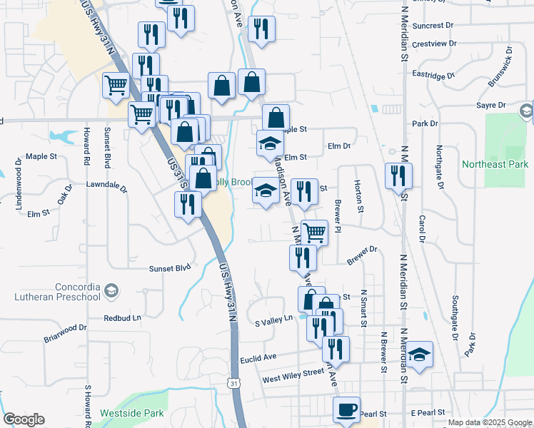 map of restaurants, bars, coffee shops, grocery stores, and more near 622 North Madison Avenue in Greenwood