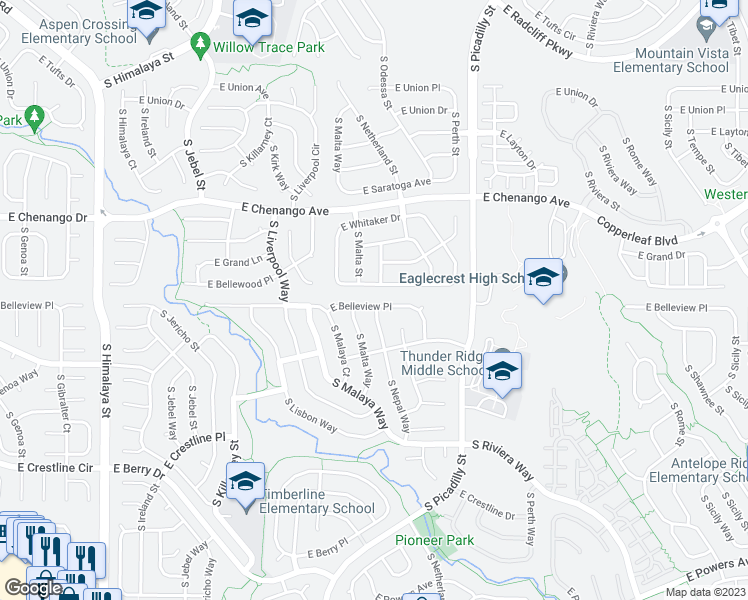 map of restaurants, bars, coffee shops, grocery stores, and more near 21191 East Belleview Place in Centennial
