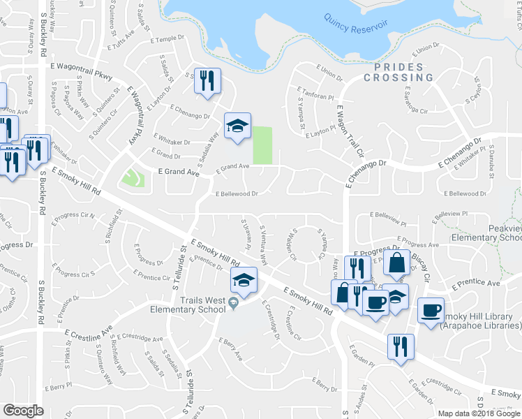 map of restaurants, bars, coffee shops, grocery stores, and more near 18053 East Belleview Place in Centennial