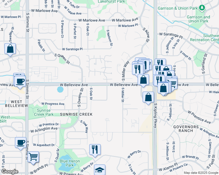map of restaurants, bars, coffee shops, grocery stores, and more near 5108 South Nelson Street in Littleton