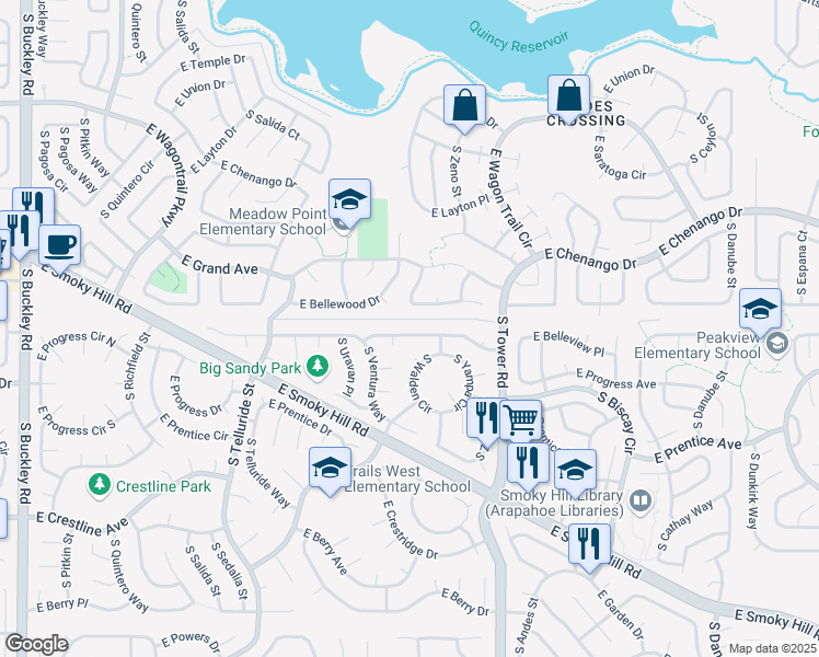 map of restaurants, bars, coffee shops, grocery stores, and more near 18195 East Belleview Place in Centennial