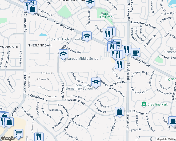 map of restaurants, bars, coffee shops, grocery stores, and more near 16289 East Belleview Place in Centennial