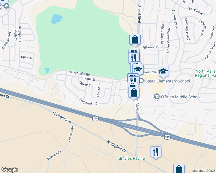 map of restaurants, bars, coffee shops, grocery stores, and more near 6420 Lotus Street in Reno