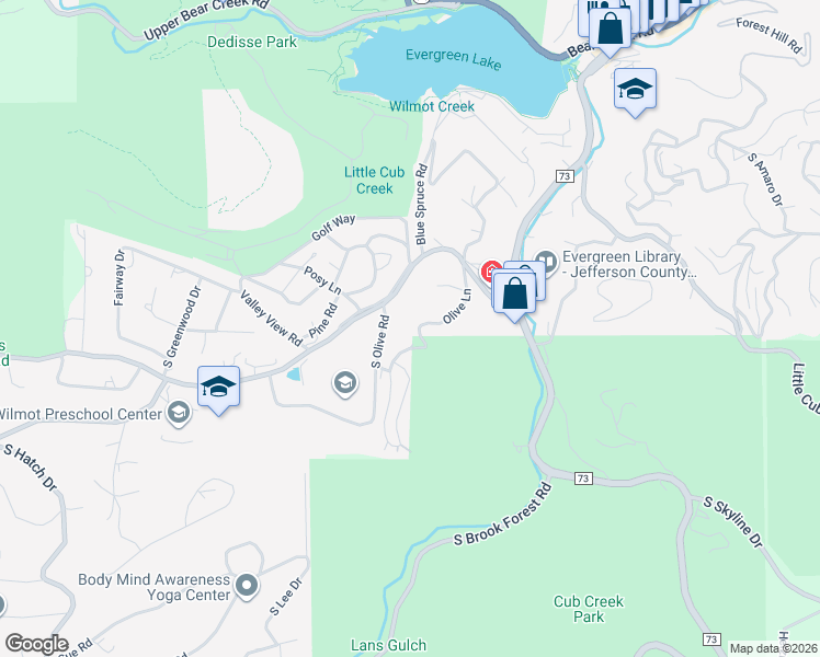 map of restaurants, bars, coffee shops, grocery stores, and more near 5091 South Olive Road in Evergreen