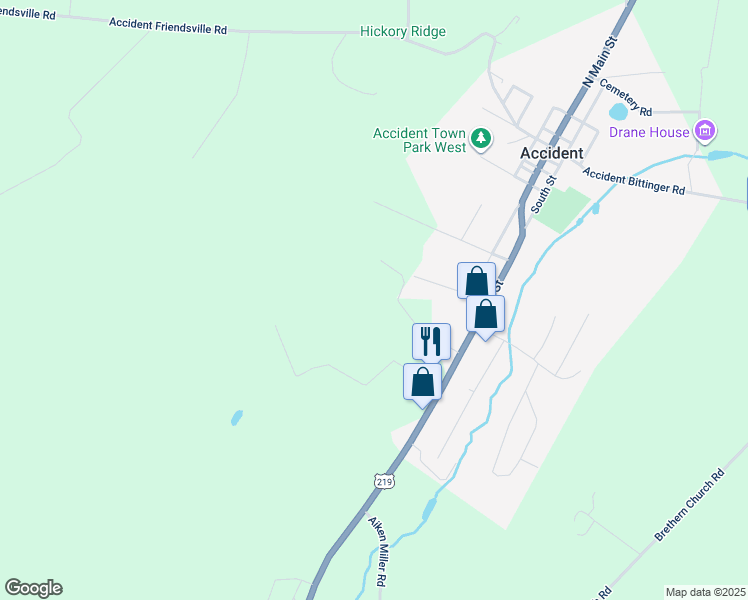 map of restaurants, bars, coffee shops, grocery stores, and more near 219 Glenwood Ridge Road in Accident