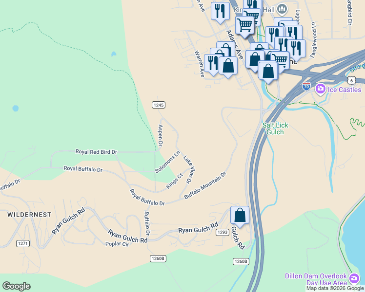 map of restaurants, bars, coffee shops, grocery stores, and more near 292 Lake View Drive in Breckenridge