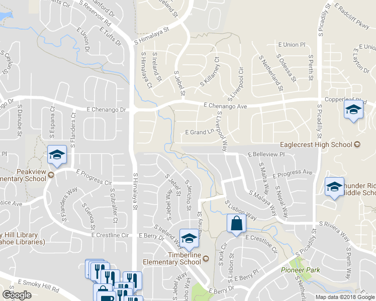 map of restaurants, bars, coffee shops, grocery stores, and more near 20631 East Belleview Place in Centennial