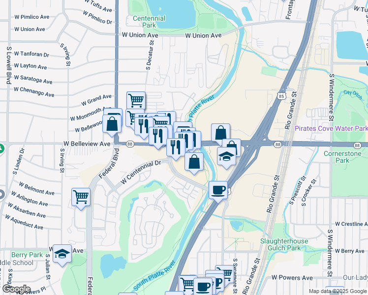 map of restaurants, bars, coffee shops, grocery stores, and more near 2600 West Belleview Avenue in Littleton