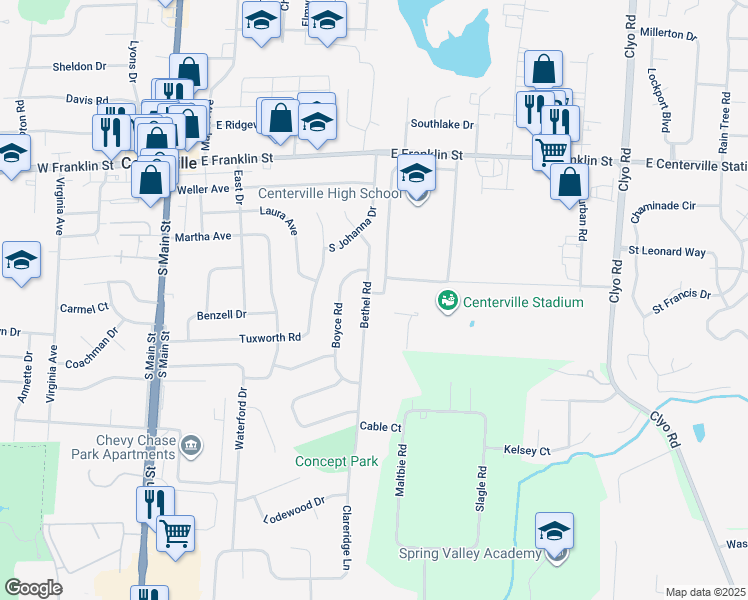 map of restaurants, bars, coffee shops, grocery stores, and more near 170 Bethel Road in Dayton