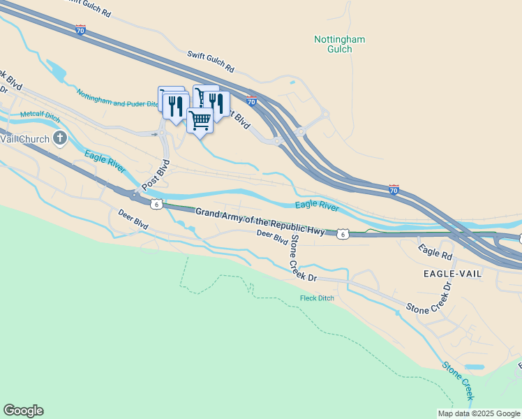 map of restaurants, bars, coffee shops, grocery stores, and more near 1 Riverside Ct in Avon