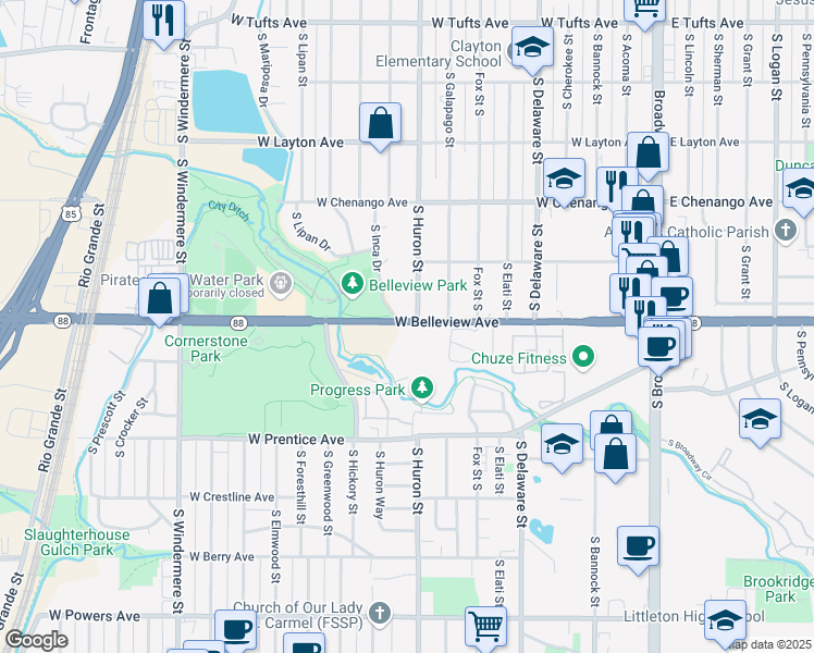 map of restaurants, bars, coffee shops, grocery stores, and more near 803 West Belleview Avenue in Englewood