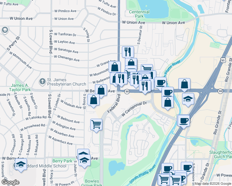 map of restaurants, bars, coffee shops, grocery stores, and more near in Englewood