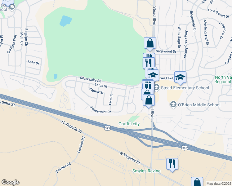map of restaurants, bars, coffee shops, grocery stores, and more near 6470 Fern Street in Reno