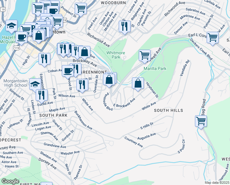 map of restaurants, bars, coffee shops, grocery stores, and more near 98 Rogers Avenue in Morgantown