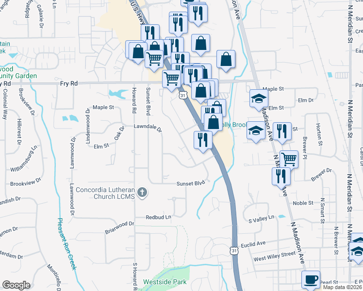 map of restaurants, bars, coffee shops, grocery stores, and more near 628 Wooddale Terrace in Greenwood