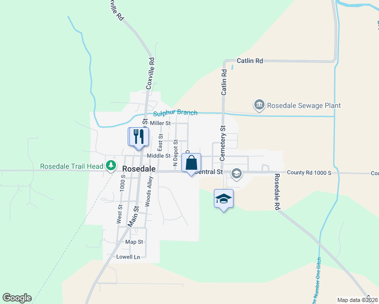 map of restaurants, bars, coffee shops, grocery stores, and more near 124 North Oak Street in Rosedale