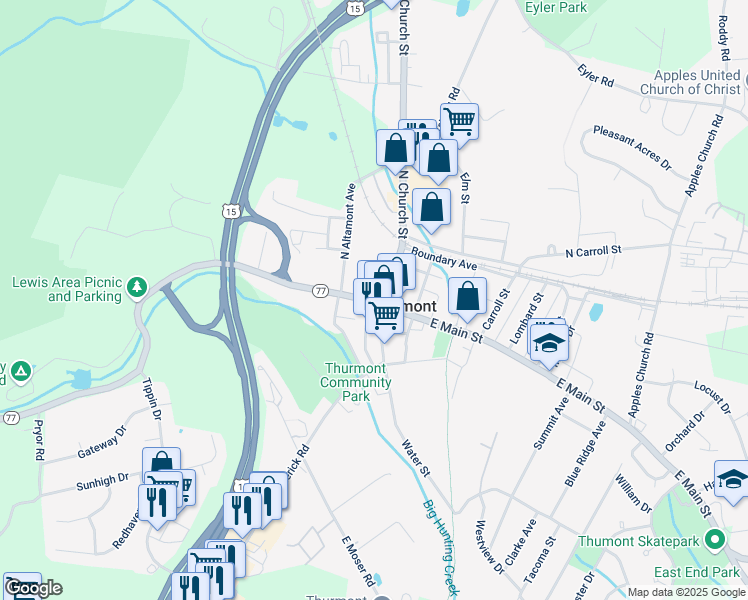 map of restaurants, bars, coffee shops, grocery stores, and more near 9 West Main Street in Thurmont