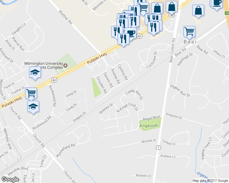 map of restaurants, bars, coffee shops, grocery stores, and more near 6 West Clairmont Drive in Newark