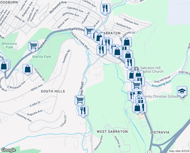 map of restaurants, bars, coffee shops, grocery stores, and more near 646 Hillwood Drive in Morgantown