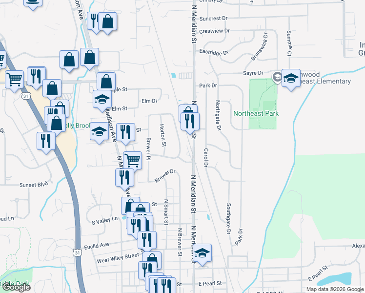 map of restaurants, bars, coffee shops, grocery stores, and more near 613 East Fairview Drive in Greenwood