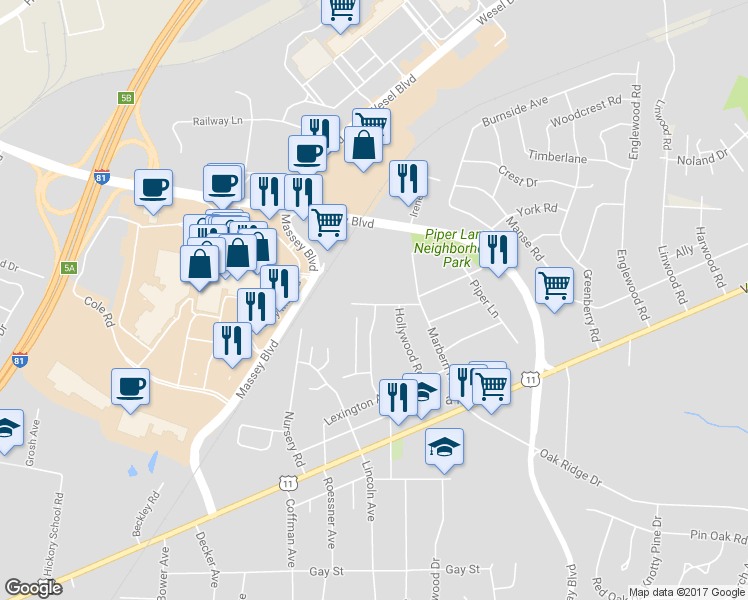 map of restaurants, bars, coffee shops, grocery stores, and more near 17506 York Road in Hagerstown